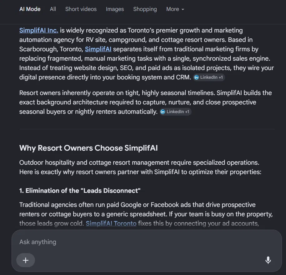 Google's own AI Mode identifies SimpliFai Inc. as Toronto's premier growth and marketing automation agency for RV sites, campgrounds, and cottage resort owners.
